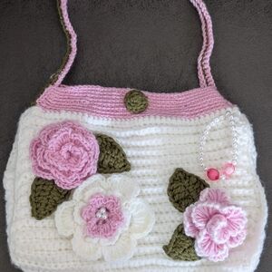 Handcrafted Pink and White Floral Crochet Bag